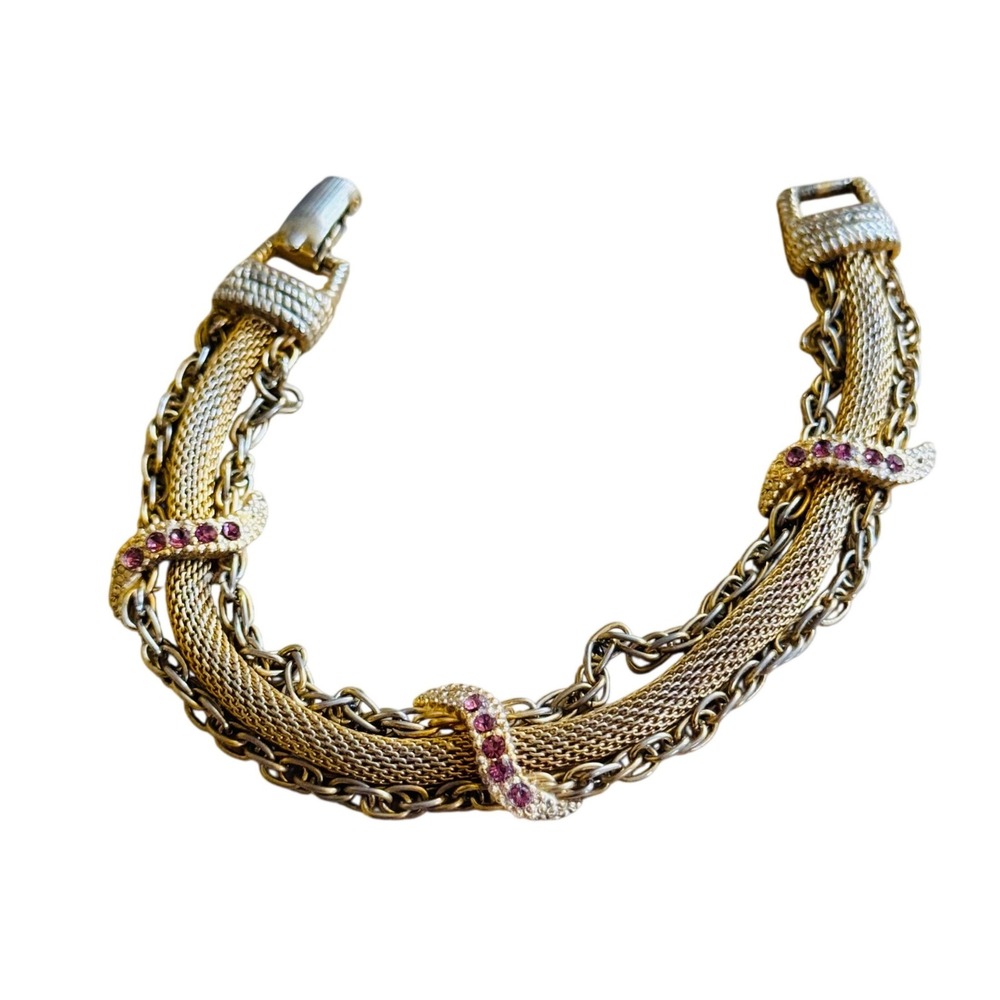 Goldette Mesh Multi Bracelet VtG Rhinestone Victorian Style Gold Plated signed